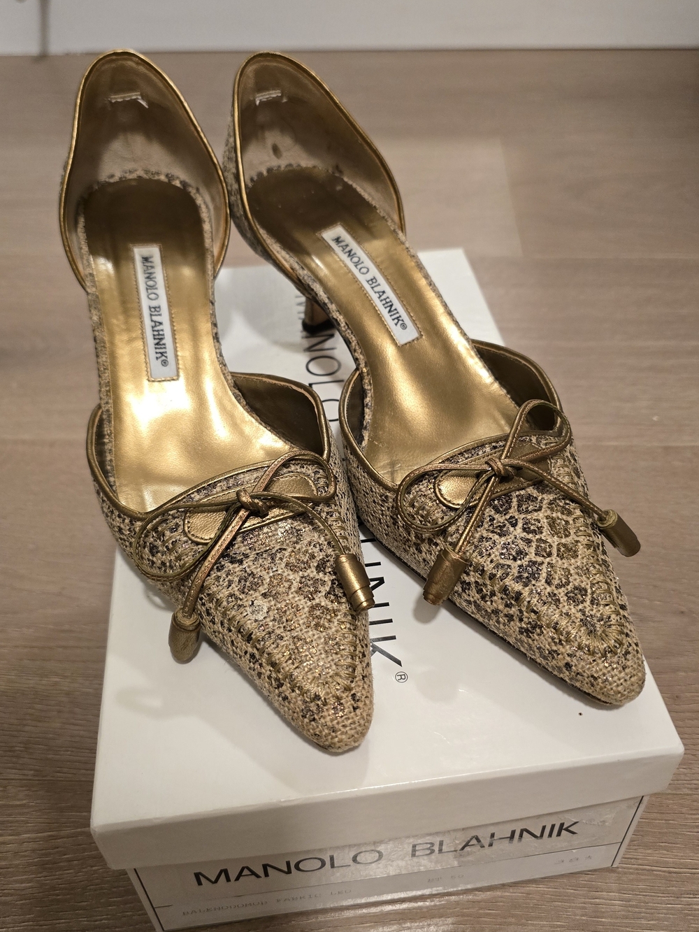Manolo Blahnik Gold Snake-Print Pointed Toe D'Orsay Pumps with Bow